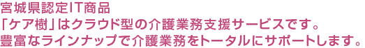 宮城県認定IT商品「ケア樹」はクラウド型の介護業務支援サービスです。豊富なラインナップで介護業務をトータルにサポートします。